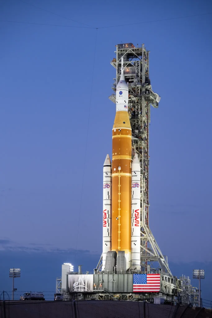 NASA’s Artemis II Space Launch System (SLS) rocket and Orion spacecraft are seen illuminated by lights at Launch Complex 39B, Saturday, Jan. 17, 2026, at NASA’s Kennedy Space Center in Florida.