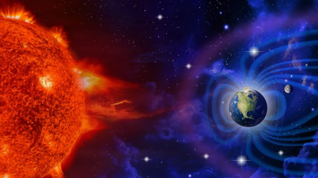 太陽から地球に向かって太陽風がでている図