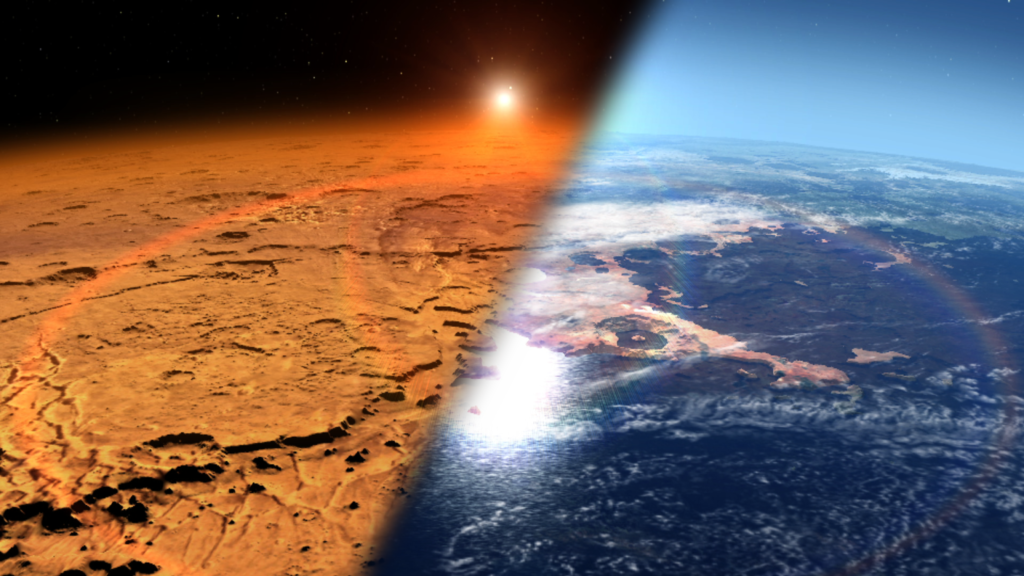 初期の火星環境のイメージ図と、現在火星でみられる環境の図