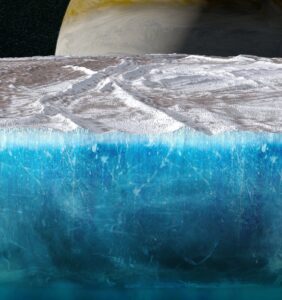 This artist’s concept depicts a cutaway view showing Europa’s ice shell. Data used to generate a new result on the ice thickness and structure was collected by the microwave radiometer instrument on NASA’s Juno during a close flyby of the Jovian moon on Sept. 29, 2022.