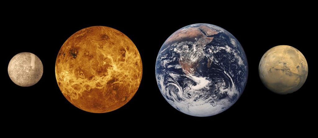 This artist's concept shows the approximate relative sizes of the terrestrial planets of the inner solar system. Correct distances are not shown.
