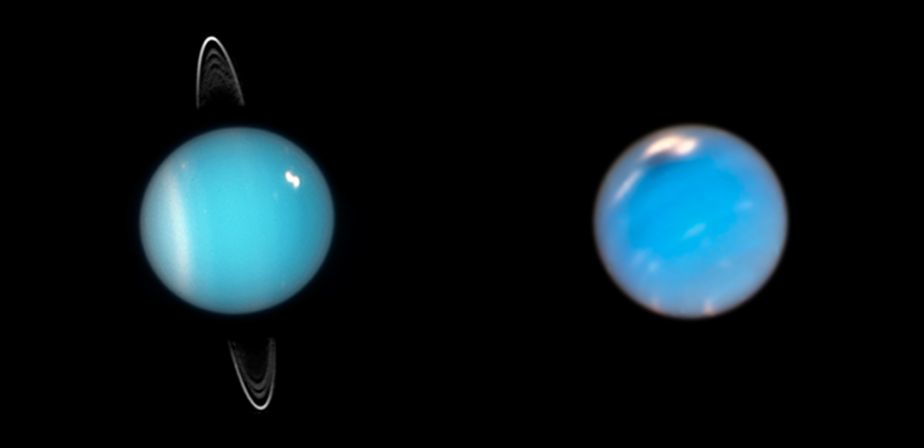 ハッブル宇宙望遠鏡がとらえた天王星（左・2005年）と海王星（右・2018年）。複数のフィルターの画像を合成した強調色で、自然な見た目の色ではありません。 ハッブル宇宙望遠鏡の天王星（2005年）と海王星（2018年）を並べた画像