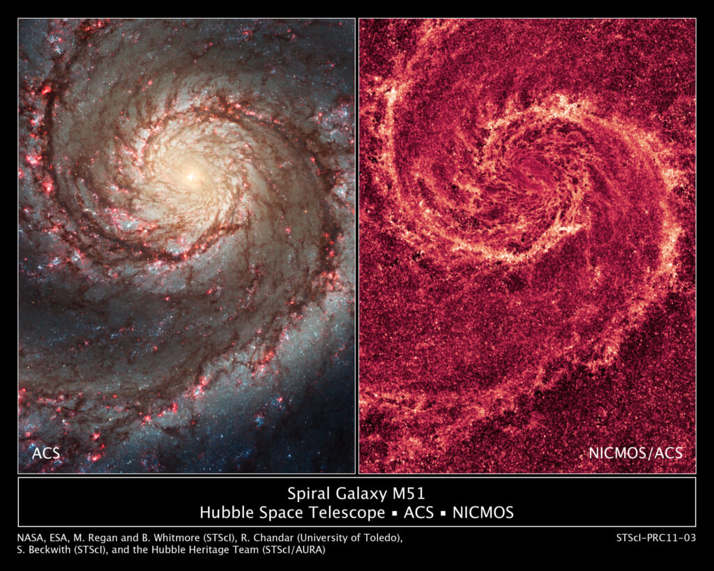 可視光で見たM51(左)と、星の光を差し引いて塵の構造だけを出した近赤外線の画像(右)